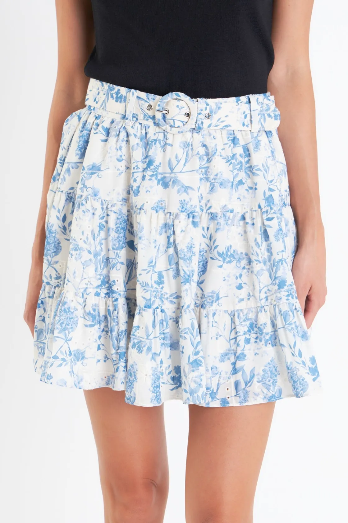 english_factory__digital__0-1.webp ENGLISH FACTORY Skirts | Tops*- Digital Print Belted Tiered Mini Skirt BLUE/OFFWHITE