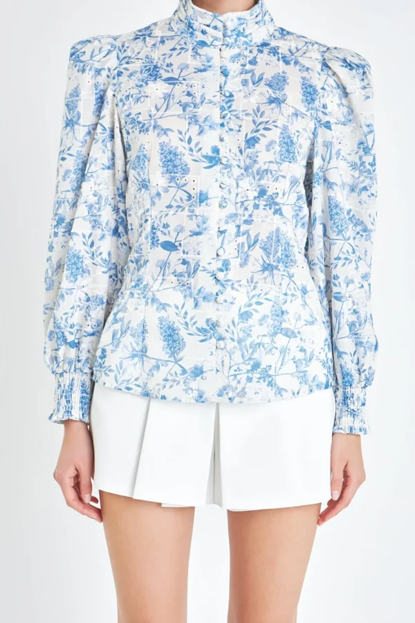 ENGLISH FACTORY Shirts & Blouses | Tops*- Digital Print Button Down Blouse BLUE/OFFWHITE