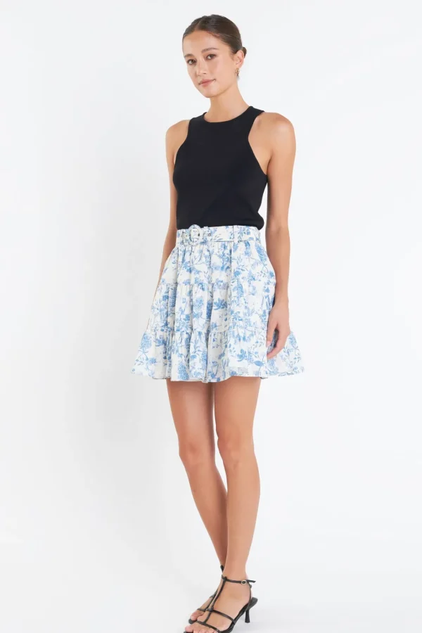 ENGLISH FACTORY Skirts | Tops*- Digital Print Belted Tiered Mini Skirt BLUE/OFFWHITE