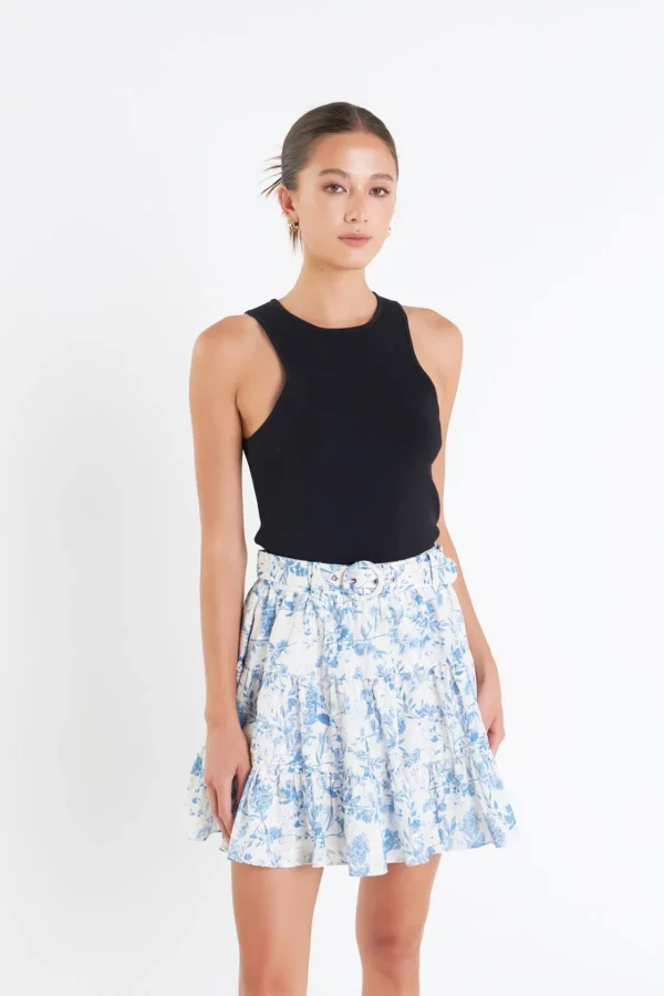 ENGLISH FACTORY Skirts | Tops*- Digital Print Belted Tiered Mini Skirt BLUE/OFFWHITE