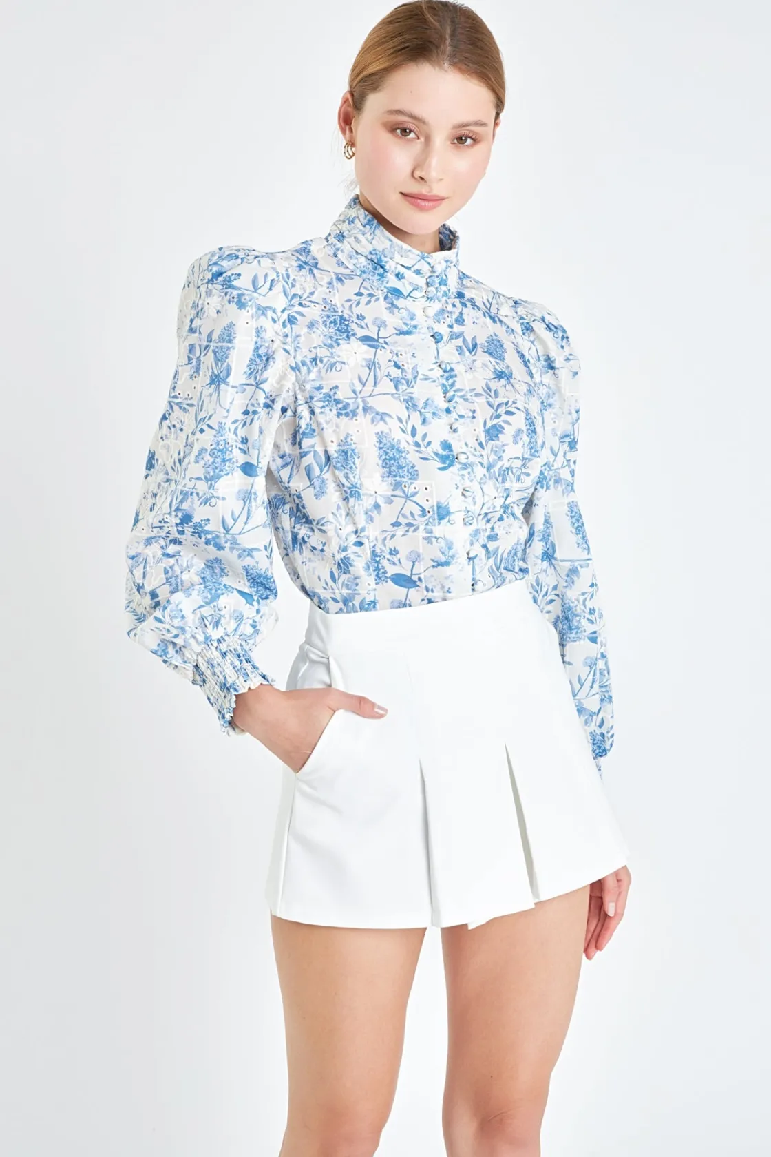 english_factory__digital__3.webp ENGLISH FACTORY Shirts & Blouses | Tops*- Digital Print Button Down Blouse BLUE/OFFWHITE