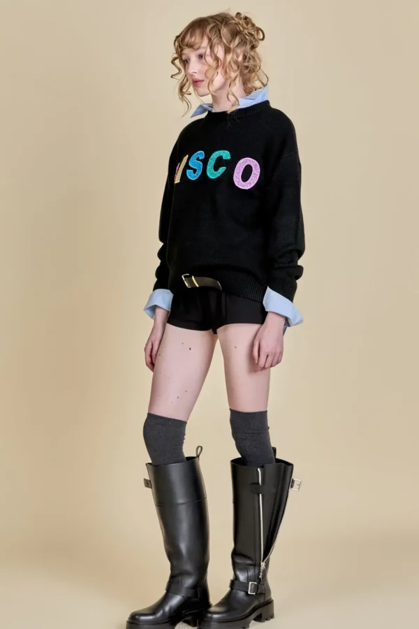ENGLISH FACTORY Sweaters & Knits | Tops*- Disco Glitter Lettering Sweater BLACK