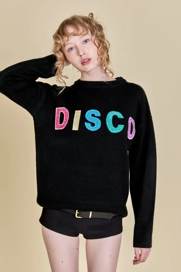 ENGLISH FACTORY Sweaters & Knits | Tops*- Disco Glitter Lettering Sweater BLACK