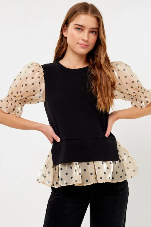ENGLISH FACTORY Sweaters & Knits | Tops*- Dot Mixed Sweater Top BLACK/BEIGE