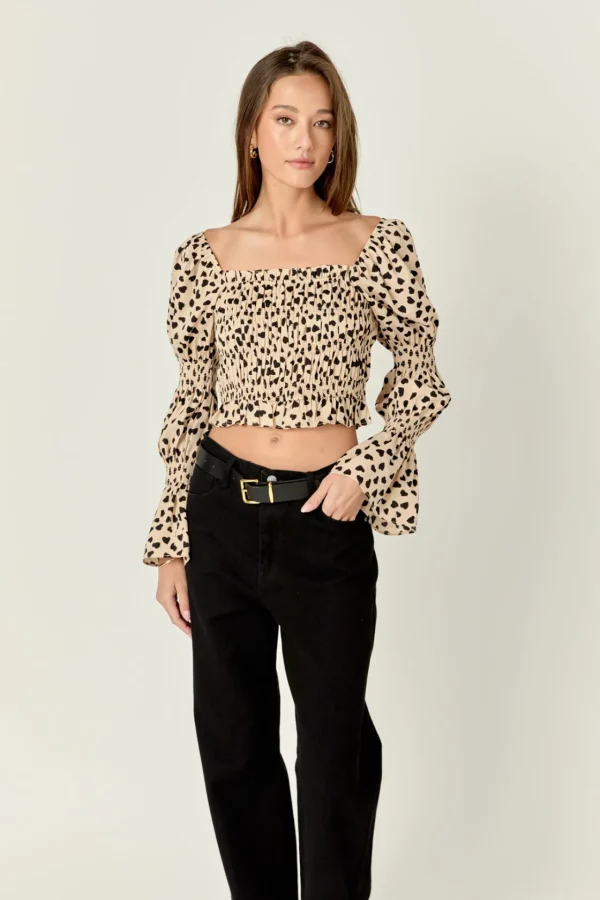 ENGLISH FACTORY Tops*- Dotted Smocked Top BEIGE/BLACK