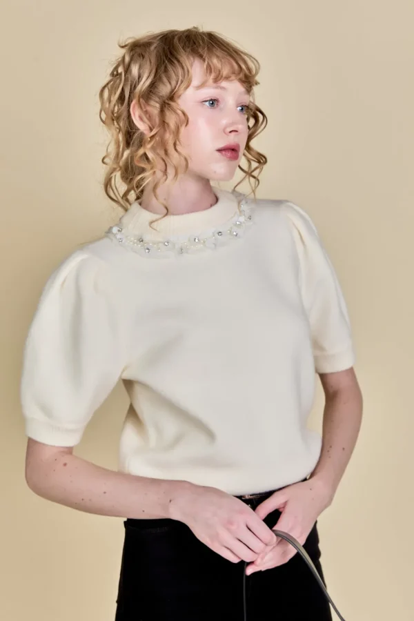 ENGLISH FACTORY Sweaters & Knits | Tops*- Embellishment Puff Sleeve Knit OFFWHITE