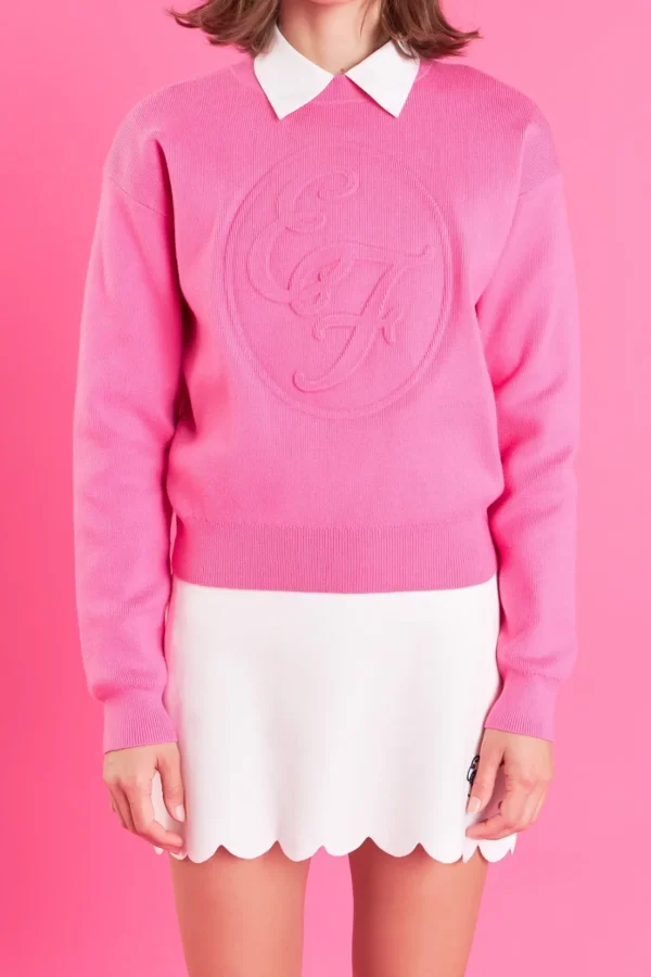 ENGLISH FACTORY Tops*- Embo Logo Knit Sweater PINK