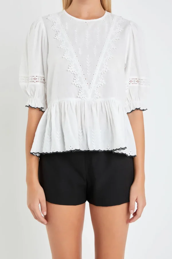 ENGLISH FACTORY Tops*- Embroidered Blouse with Scalloped Hem WHITE