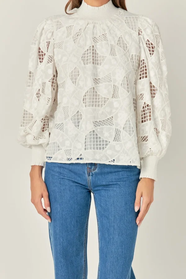 ENGLISH FACTORY Shirts & Blouses | Tops*- Embroidered Cotton Blouse with Smocked Neck WHITE