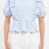 ENGLISH FACTORY Tops*- Embroidered Gingham Checked Ruffle Top POWDERBLUE