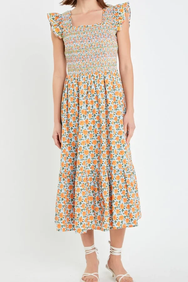 ENGLISH FACTORY Floral Dresses | Tops*- Embroidered Smocked Midi Dress BLUE/ORANGE