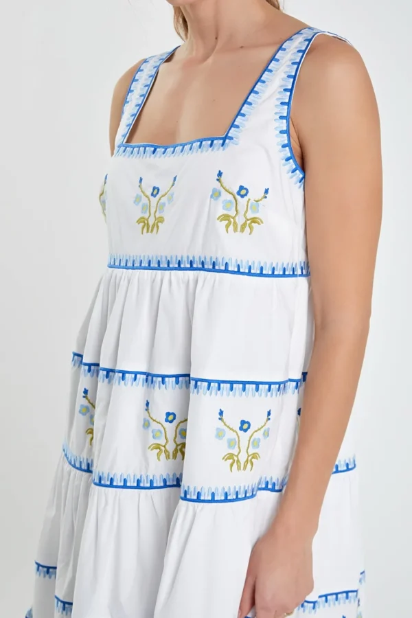 ENGLISH FACTORY Floral Dresses*- Embroidered Midi Dress IVORY/BLUE