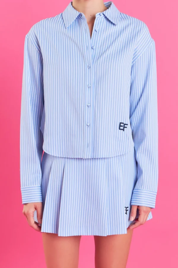 ENGLISH FACTORY Tops*- Embroidered Logo White Stripe Button Front Shirt POWDERBLUE/WHITE
