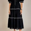 ENGLISH FACTORY Puff Sleeve | Tops*- Embroidery Midi Dress BLACK/WHITE