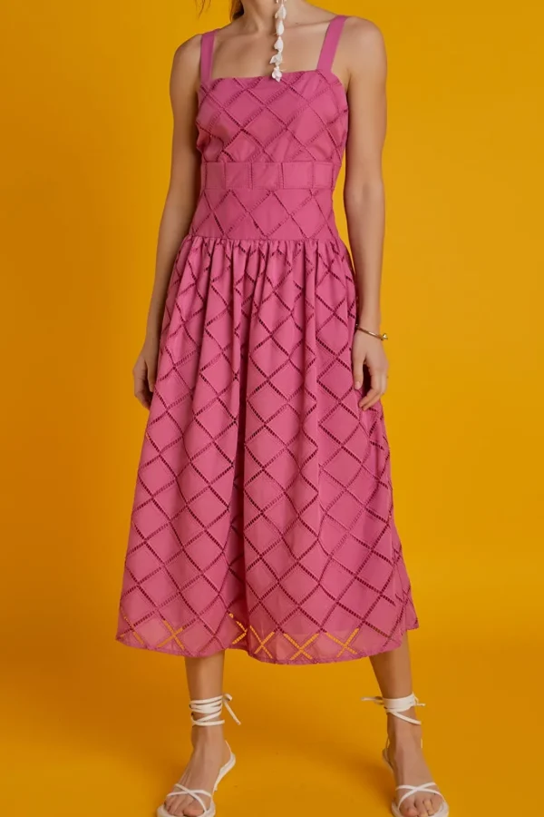 ENGLISH FACTORY Lace Dresses*- Embroidered Lace Sleeveless Midi Dress BERRYPINK