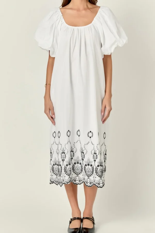 ENGLISH FACTORY Boho Dresses | White Dresses*- Embroidery Balloon Sleeve Midi Dress WHITE