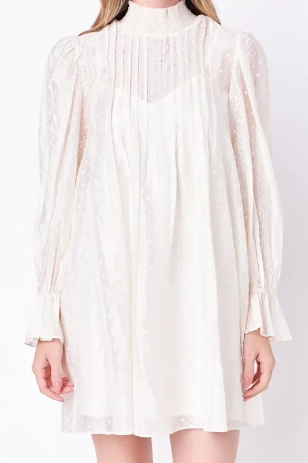 ENGLISH FACTORY Boho Dresses | White Dresses*- Embroidered Organza Smock Neck Dress IVORY