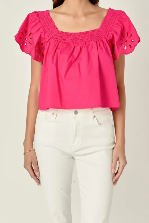 ENGLISH FACTORY Tops*- Embroidered Off the Shoulder Top FUCHSIA