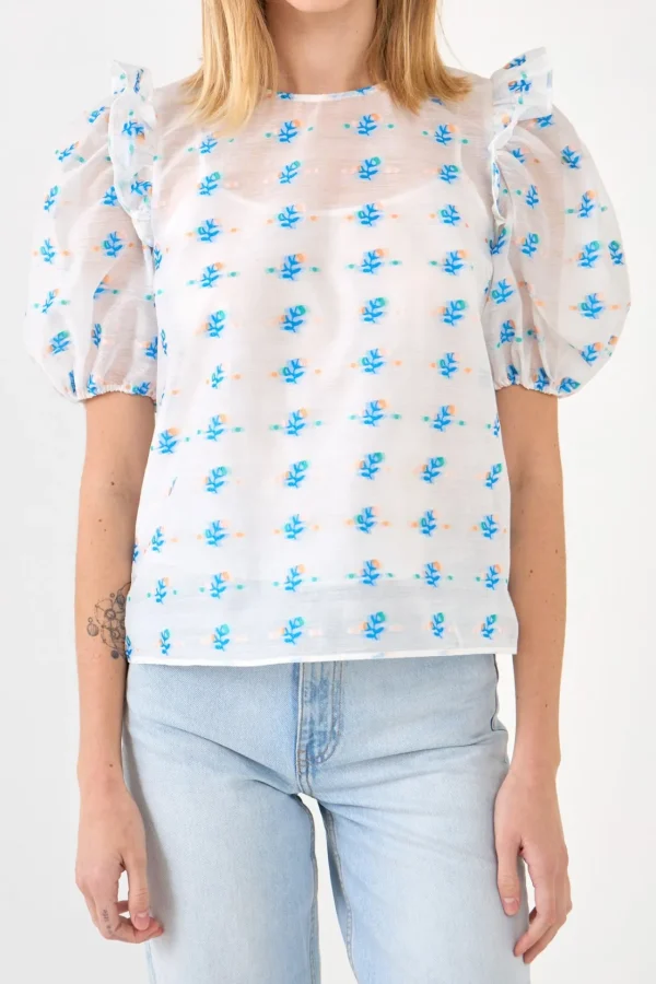ENGLISH FACTORY Tops*- Embroidery Organza Top BLUEMULTI