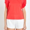 ENGLISH FACTORY Tops*- Embroide Ruffle Sleeve Top RED