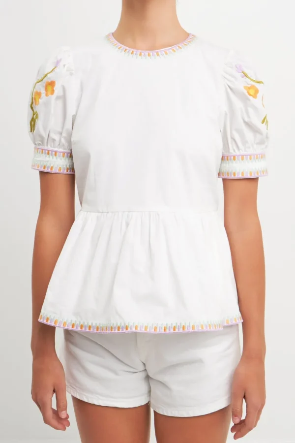 ENGLISH FACTORY Tops*- Embroided Peplum Top IVORY/MULTI