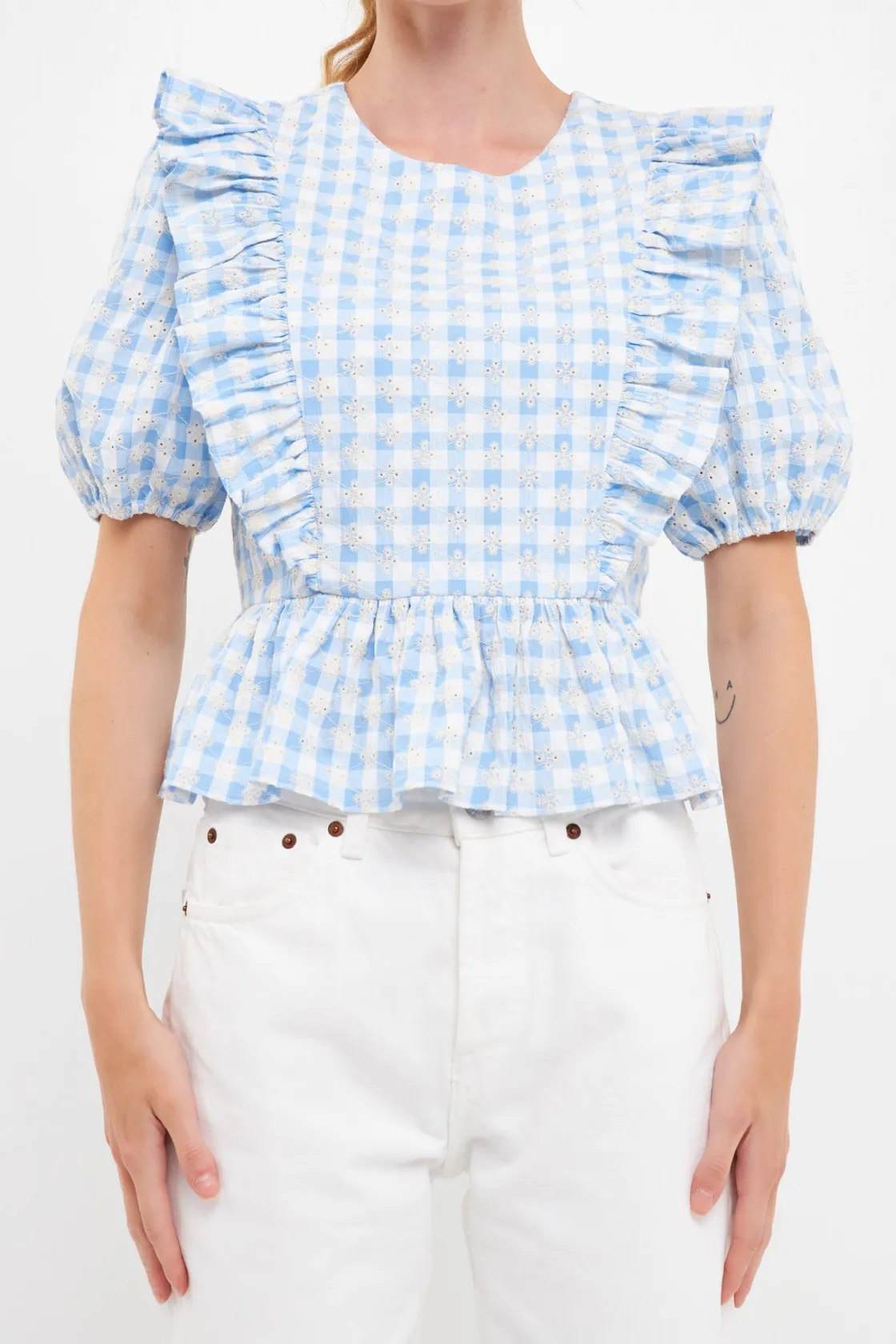 english_factory__embroide_0.webp ENGLISH FACTORY Tops*- Embroidered Gingham Checked Ruffle Top POWDERBLUE