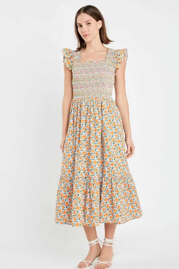 ENGLISH FACTORY Floral Dresses | Tops*- Embroidered Smocked Midi Dress BLUE/ORANGE