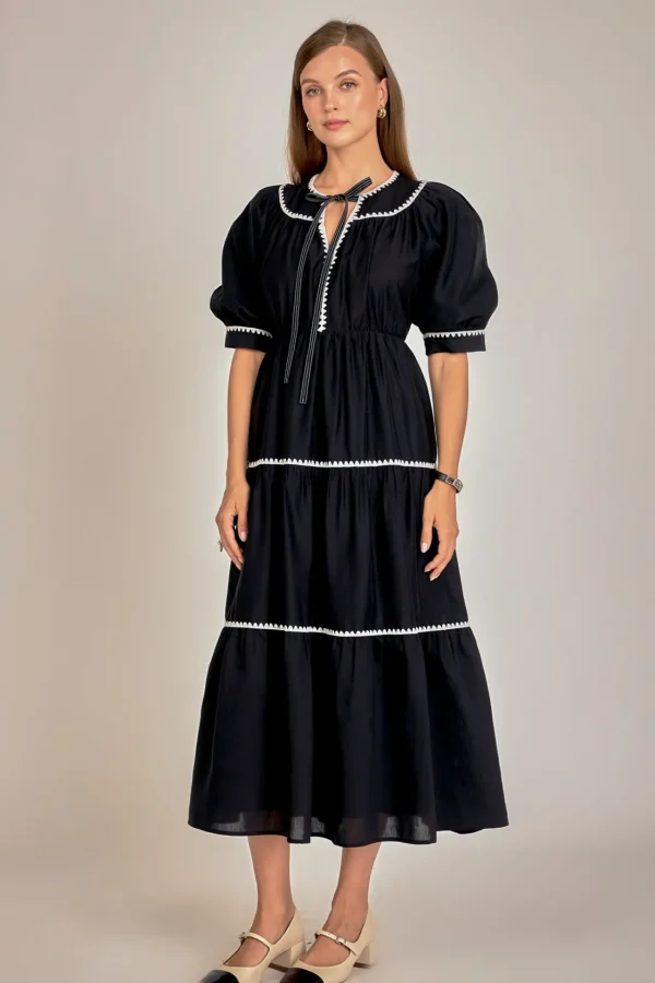 ENGLISH FACTORY Puff Sleeve | Tops*- Embroidery Midi Dress BLACK/WHITE