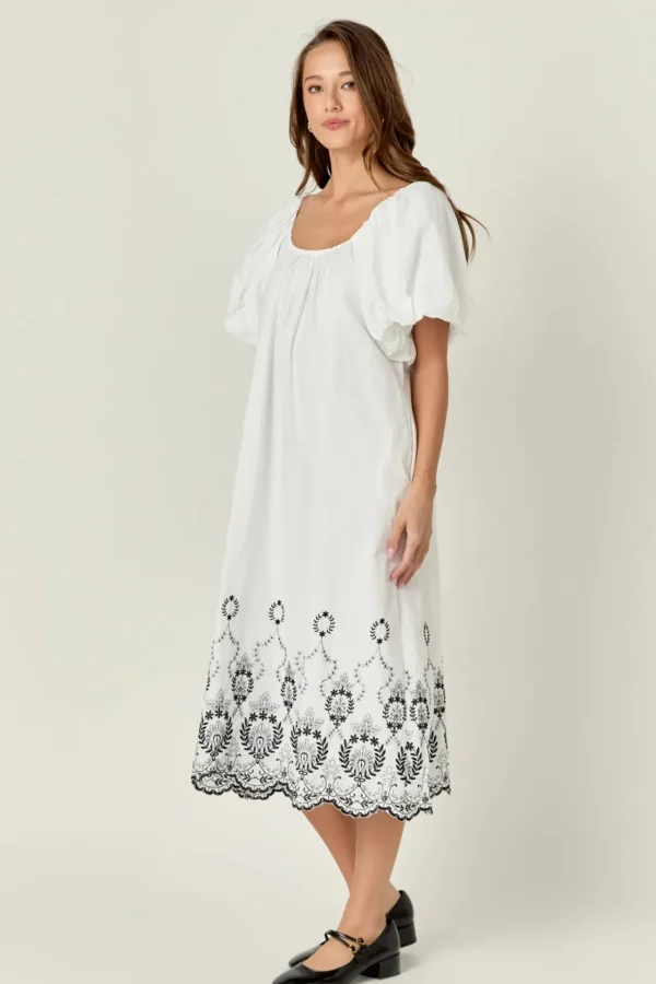 ENGLISH FACTORY Boho Dresses | White Dresses*- Embroidery Balloon Sleeve Midi Dress WHITE