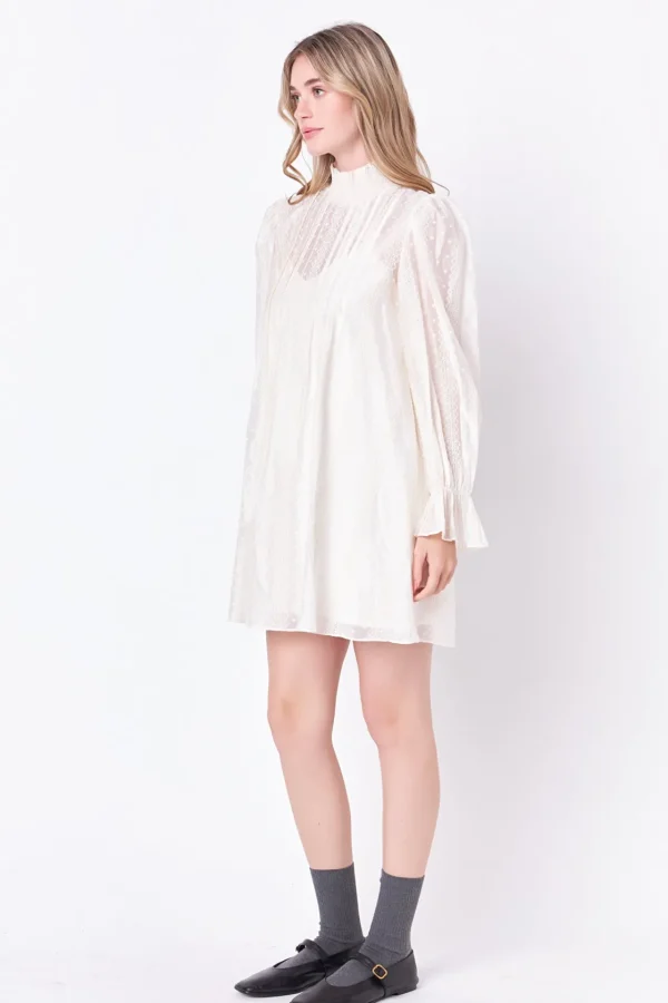 ENGLISH FACTORY Boho Dresses | White Dresses*- Embroidered Organza Smock Neck Dress IVORY