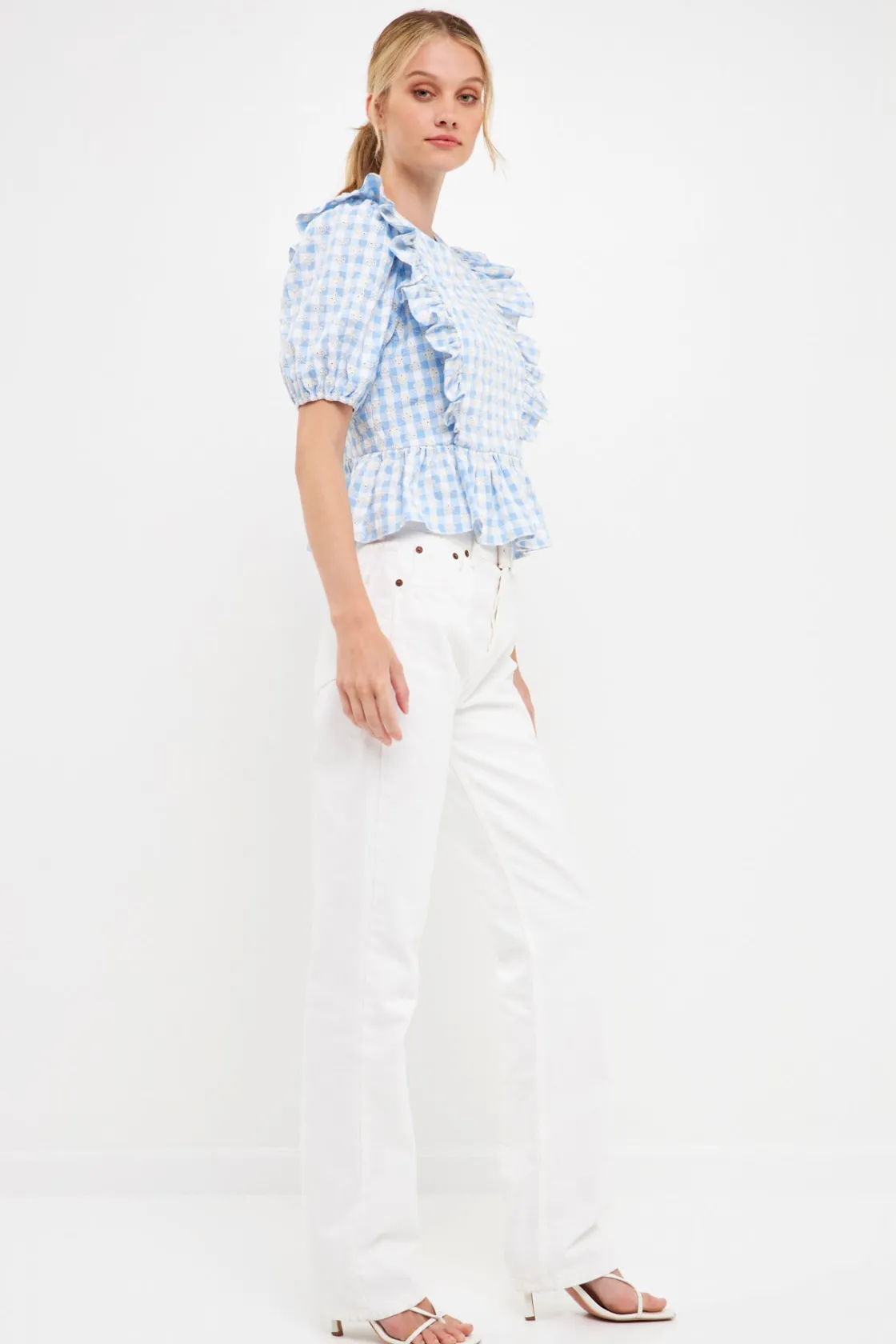 english_factory__embroide_1.webp ENGLISH FACTORY Tops*- Embroidered Gingham Checked Ruffle Top POWDERBLUE