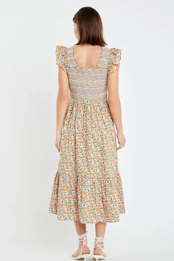 ENGLISH FACTORY Floral Dresses | Tops*- Embroidered Smocked Midi Dress BLUE/ORANGE