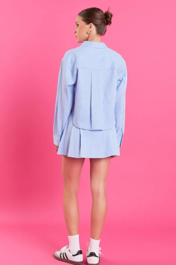 ENGLISH FACTORY Tops*- Embroidered Logo White Stripe Button Front Shirt POWDERBLUE/WHITE