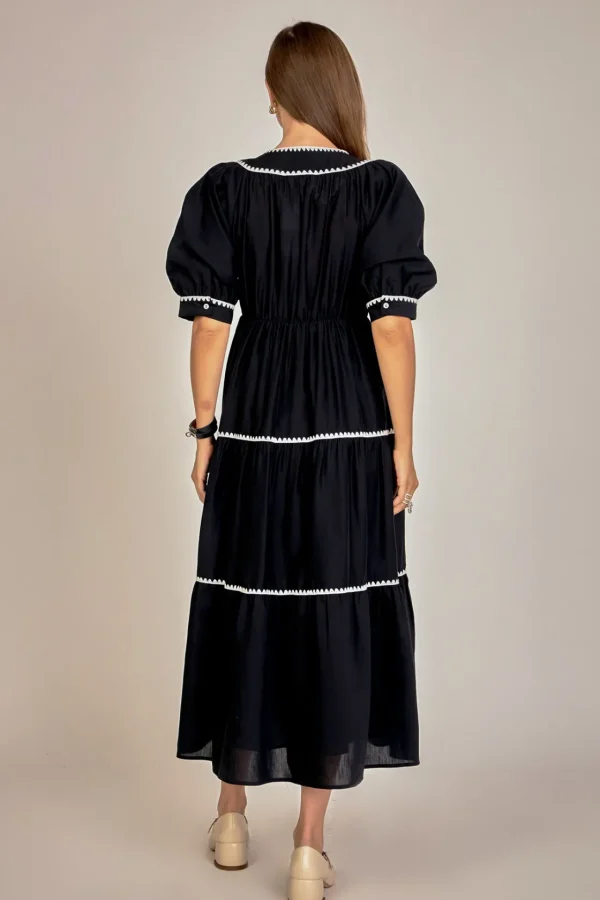 ENGLISH FACTORY Puff Sleeve | Tops*- Embroidery Midi Dress BLACK/WHITE