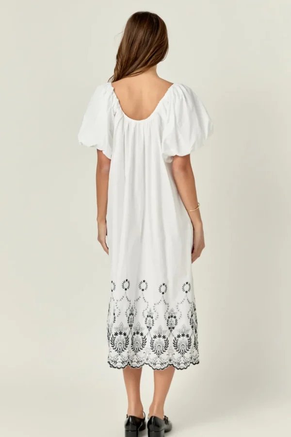 ENGLISH FACTORY Boho Dresses | White Dresses*- Embroidery Balloon Sleeve Midi Dress WHITE