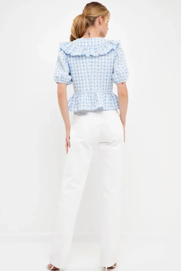 ENGLISH FACTORY Tops*- Embroidered Gingham Checked Ruffle Top POWDERBLUE