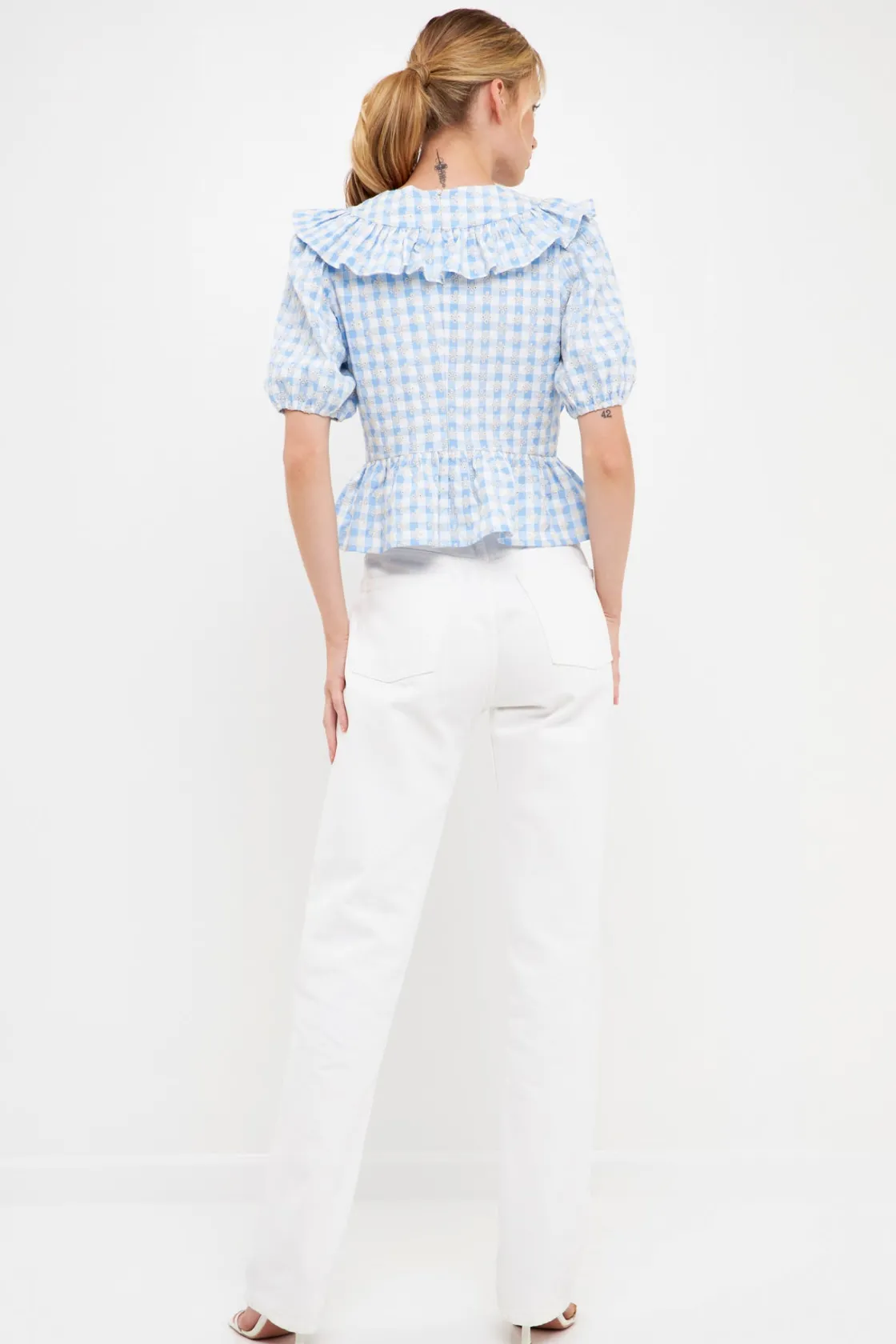 english_factory__embroide_2.webp ENGLISH FACTORY Tops*- Embroidered Gingham Checked Ruffle Top POWDERBLUE