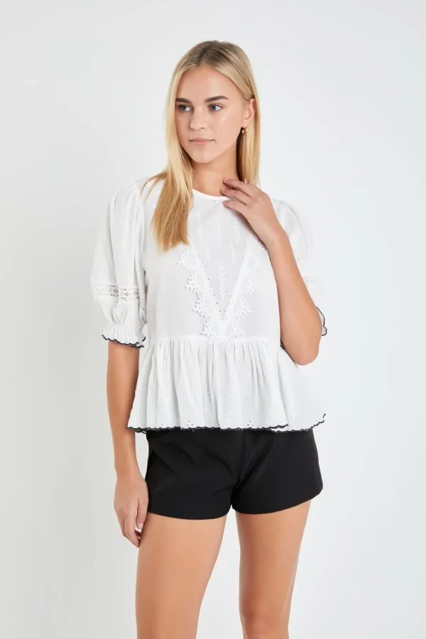 ENGLISH FACTORY Tops*- Embroidered Blouse with Scalloped Hem WHITE