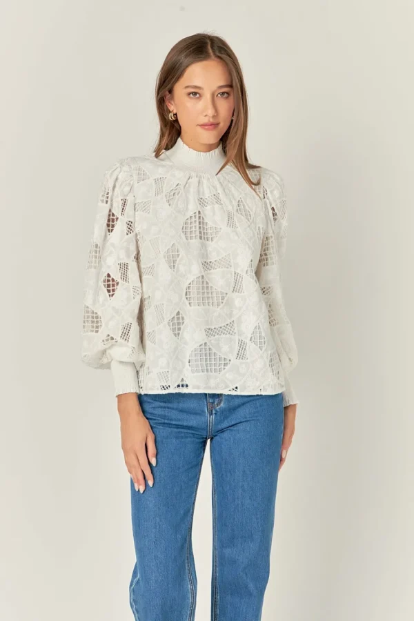 ENGLISH FACTORY Shirts & Blouses | Tops*- Embroidered Cotton Blouse with Smocked Neck WHITE