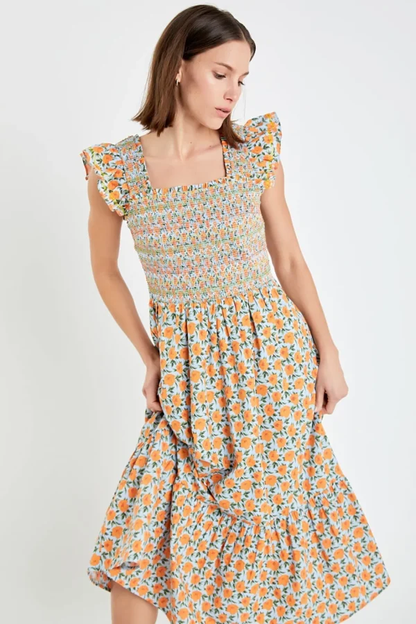 ENGLISH FACTORY Floral Dresses | Tops*- Embroidered Smocked Midi Dress BLUE/ORANGE