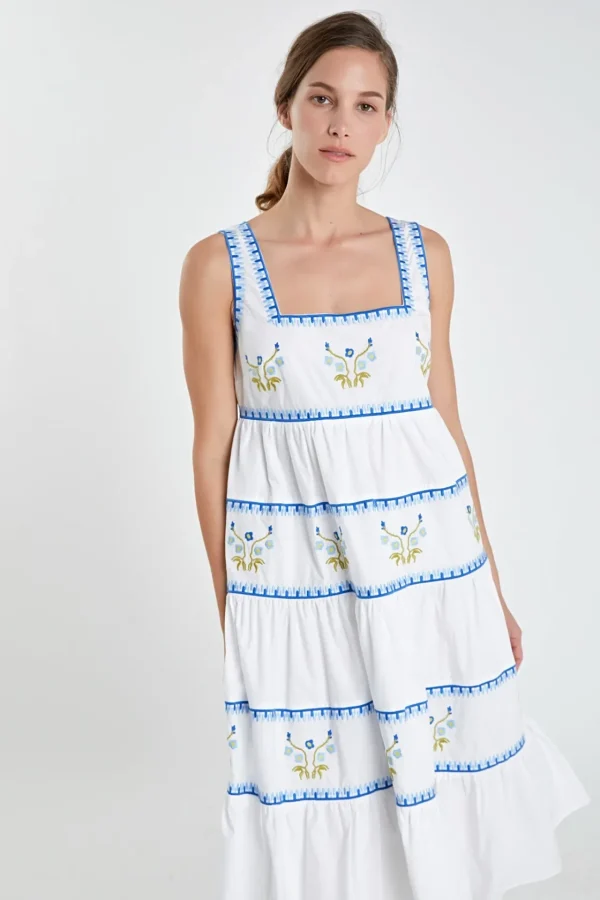 ENGLISH FACTORY Floral Dresses*- Embroidered Midi Dress IVORY/BLUE