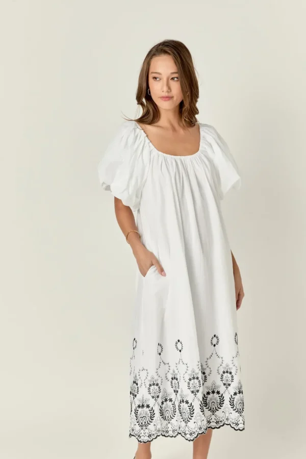 ENGLISH FACTORY Boho Dresses | White Dresses*- Embroidery Balloon Sleeve Midi Dress WHITE