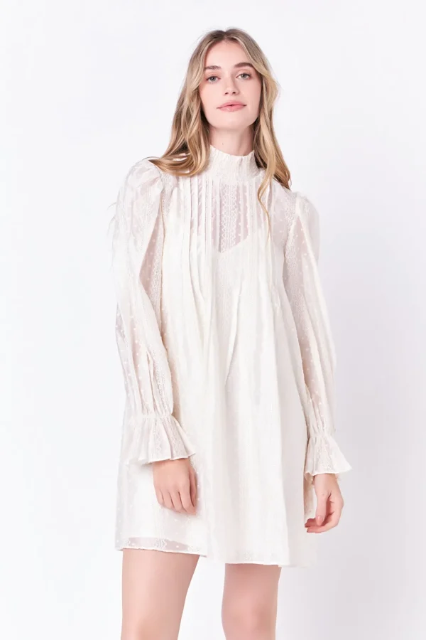 ENGLISH FACTORY Boho Dresses | White Dresses*- Embroidered Organza Smock Neck Dress IVORY