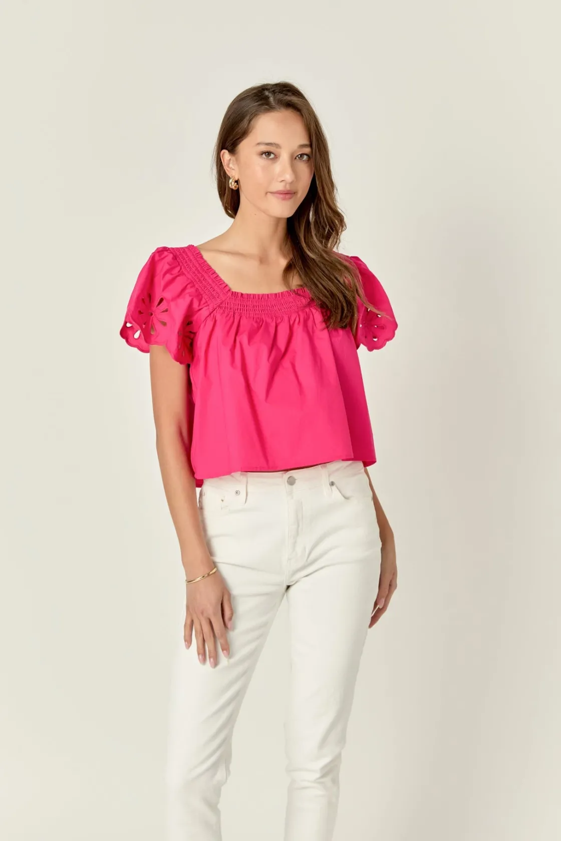 english_factory__embroide_3-4.webp ENGLISH FACTORY Tops*- Embroidered Off the Shoulder Top FUCHSIA