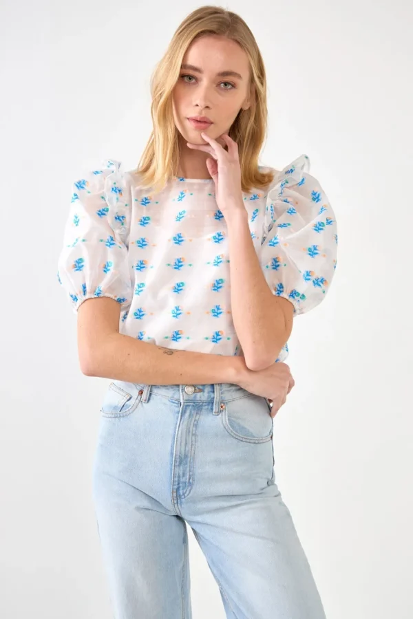 ENGLISH FACTORY Tops*- Embroidery Organza Top BLUEMULTI