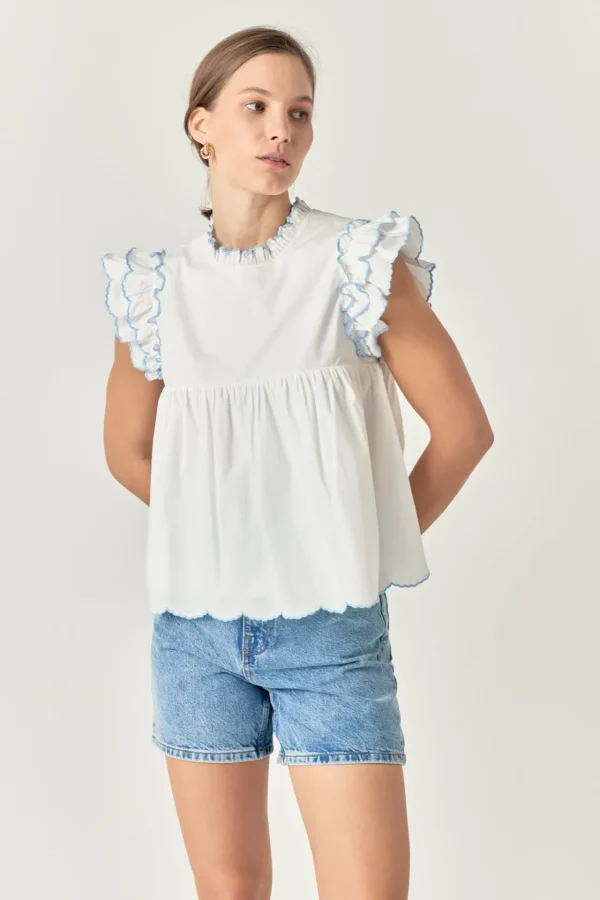 ENGLISH FACTORY Tops*- Embroidered Scallop Top WHITE