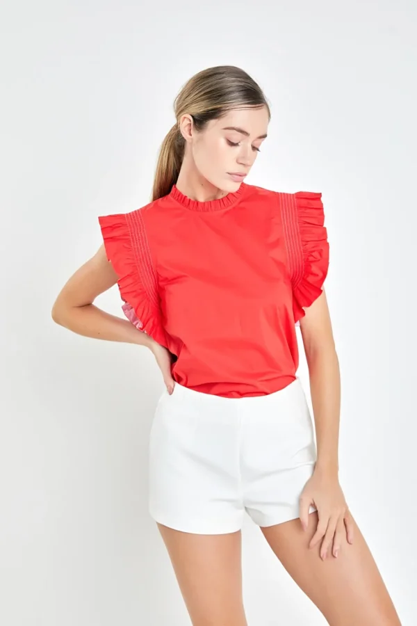 ENGLISH FACTORY Tops*- Embroide Ruffle Sleeve Top RED