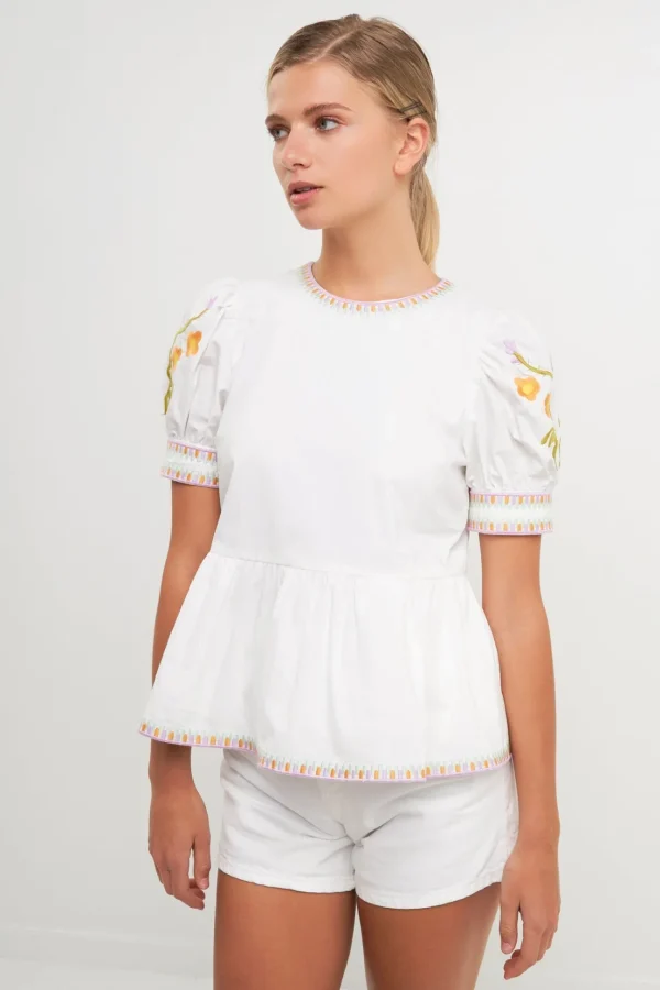ENGLISH FACTORY Tops*- Embroided Peplum Top IVORY/MULTI