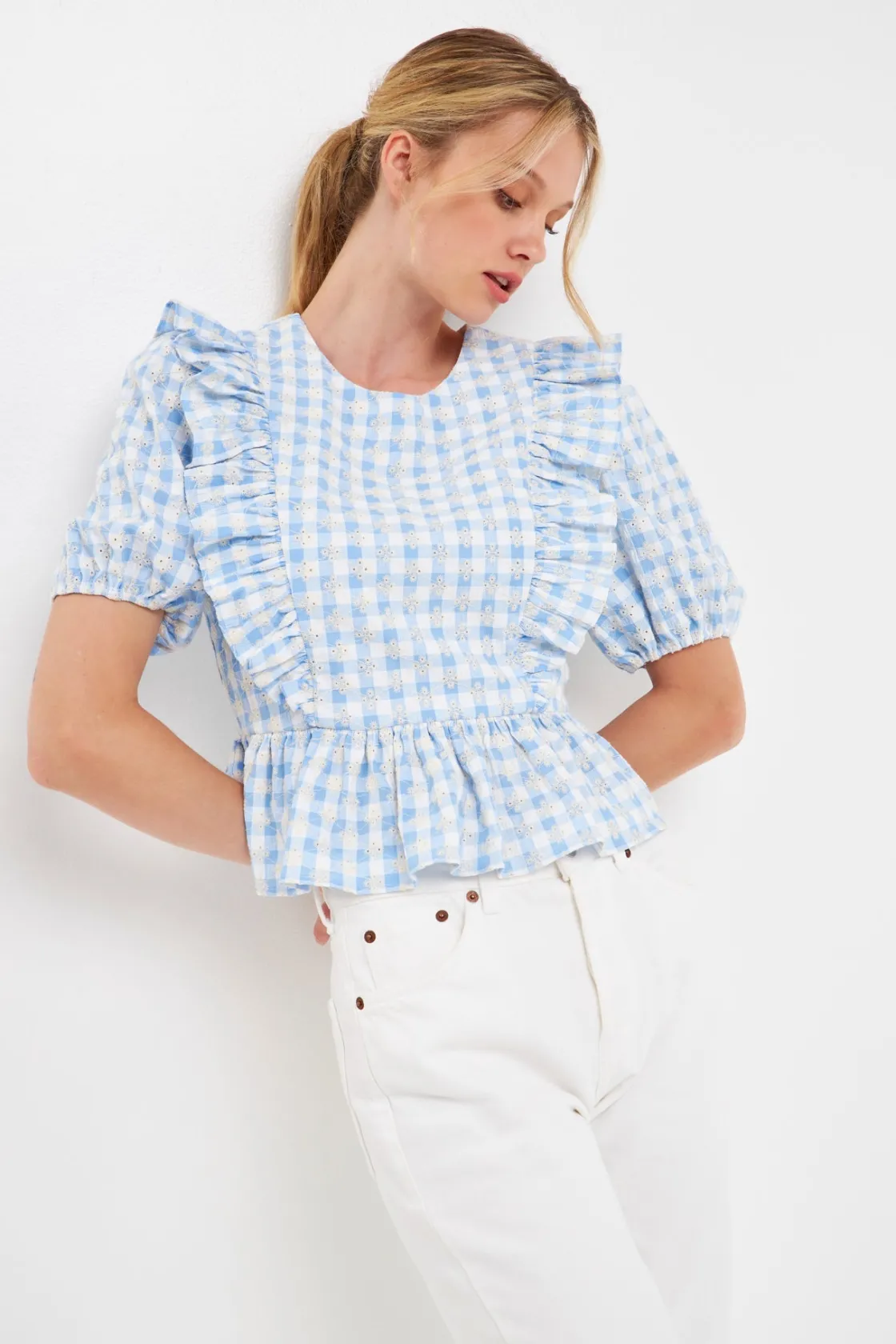 english_factory__embroide_3.webp ENGLISH FACTORY Tops*- Embroidered Gingham Checked Ruffle Top POWDERBLUE