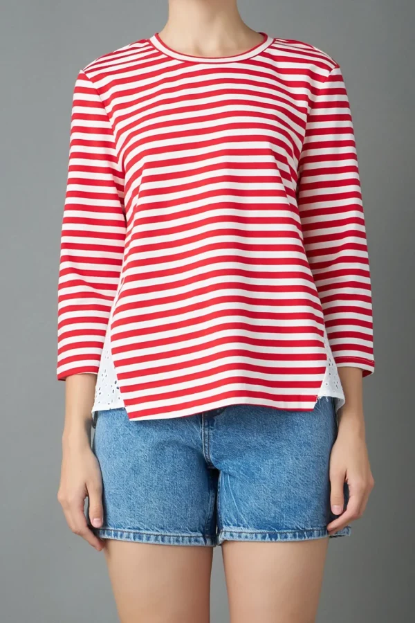 ENGLISH FACTORY Tops*- Eyelet Combo Striped Top RED